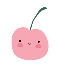 Abstract Hand Drawn Childish Style Vector Illustration with Smiling Pink Cherry on a White Background. Modern Grunge  Print with Kawaii Style Fruit ideal for Wall Art, Poster, Card, Decoration.
