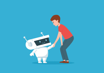 Man and cute friendly robot shaking hands, flat vector illustration isolated.