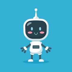 Cute friendly baby robot standing flat cartoon vector illustration isolated.