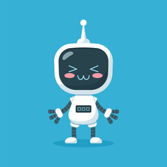 Cute cartoon character of robot or android, flat vector illustration isolated on blue background.