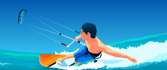 Kitesurfing. Kite surfer. Man rides on kite on waves. Big wave riding. Blue waves and clear sky. Bright board. Bright sunny day on a blue background. Extreme sports vector illustration.