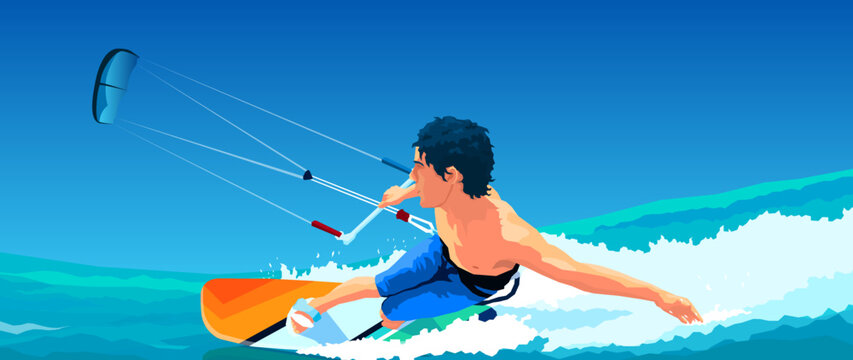 Kitesurfing. Kite surfer. Man rides on kite on waves. Big wave riding. Blue waves and clear sky. Bright board. Bright sunny day on a blue background. Extreme sports vector illustration.