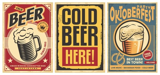 Beer posters set on old paper texture, perfect advertisements or wall decorations for pub, cafe bar or Oktoberfest event. Alcoholic drinks vintage vector flyers. - obrazy, fototapety, plakaty