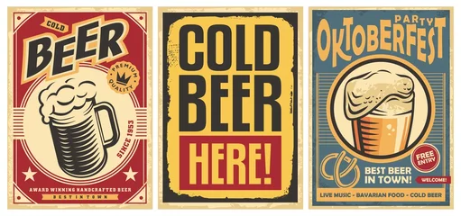 Tuinposter Beer posters set on old paper texture, perfect advertisements or wall decorations for pub, cafe bar or Oktoberfest event. Alcoholic drinks vintage vector flyers. © lukeruk