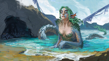Digital painting of an evil mermaid siren hoarding stolen goods among a boat wreck on a beautiful rocky beach - fantasy illustration