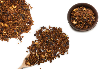 Chocolate granola cereal with nuts.