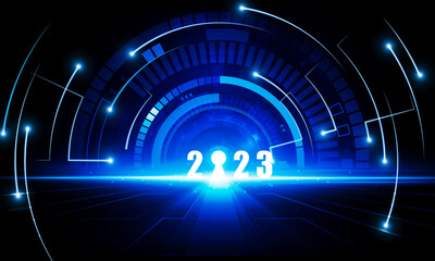 Abstract Door open Light of 2023 background Hitech communication concept innovation of new year background vector design.