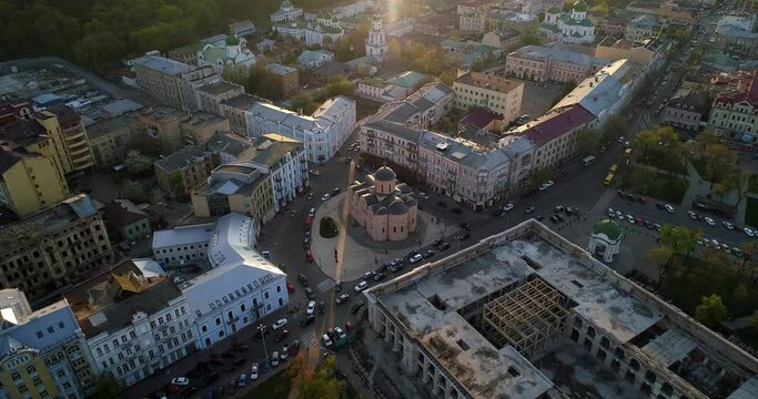 Aerial view Kyiv historical building at beautiful sunset or sunrise. Drone flies over old Kiev - podil