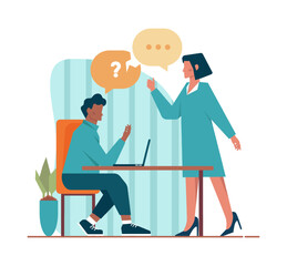 Question concept. Confused character in doubt with big question