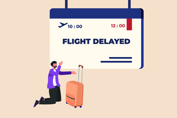 Young businessman with suitcase disappointed by flight delay. Late concept. Colored flat Vector Illustration.