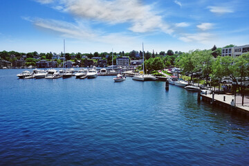Boats in the Round Lake marina in downtown Charlevoix Michigan
