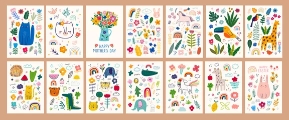 Foto op Canvas Baby posters and cards with animals and flowers pattern. Vector illustrations with cute animals. Nursery baby illustrations. © moleskostudio
