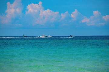 Beautiful beach with blue sea water. Sea panorama. Beautiful sea wave and blue sky.