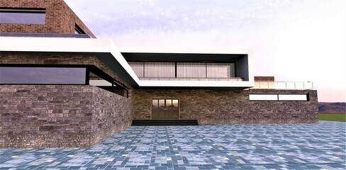 Front entrance to an advanced high-tech house. The walls are slate gray. Spacious terrace. The floor is gray-black square paving stones. 3d render.