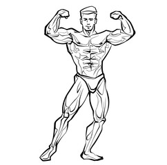 Bodybuilder muscle man fitness posing Black And White Isolated Hand Drawing Vector Illustration Image - 519163794