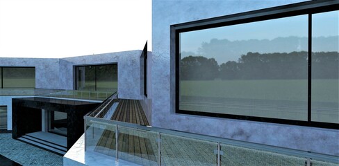 Modern patio. Terrace board flooring. Glass and metal fence. Finishing of a facade gray marble. 3d render.