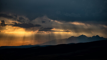 Silhouettes of the mountains against the sunset. Tatra Mountains, Slovakia.