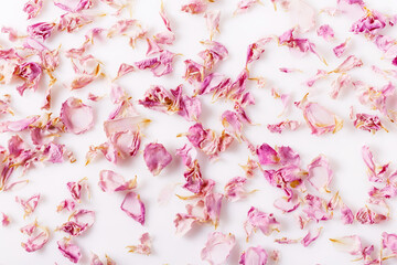 Background made of dried red rose petals isolated on white. Natural herbal cosmetics. Top view.