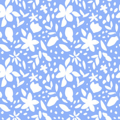 Blue floral seamless pattern. Summer botanical repeat print. White flowers leaves dots design on light blue background for wallpaper, wrapping, fabric, textile, decoration.