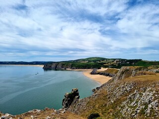 View of the coast of the ocean, Three Cliffs Bay, UK