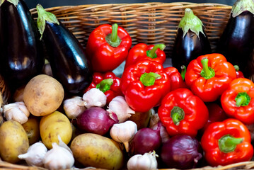 Wicker basket with vegetables. Autumn. Harvest.