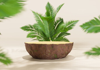 3d rendering Minimal modern product display on neutral background. podium and green leaves. Concept scene stage showcase for new product, promotion sale, banner, presentation, cosmetic