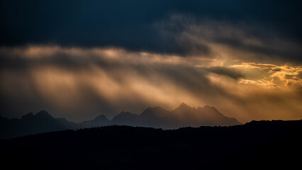 Silhouettes of the mountains against the sunset. Tatra Mountains, Slovakia.