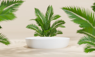 3d rendering Minimal modern product display on neutral background. podium and green leaves. Concept scene stage showcase for new product, promotion sale, banner, presentation, cosmetic