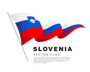 The flag of Slovenia hangs on a flagpole and flutters in the wind. Vector illustration isolated on white background.