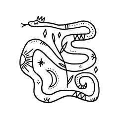 Goddess of Snakes. Queen or Princess. Woman with snake clipart. Blackwork tattoo art, coloring. Hand drawn vector illustration Isolated on a white background. Distressed underground engraving style.