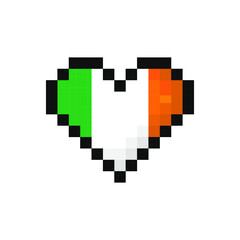 Pixel art Ireland flag in the shape of a heart. Vector illustration.