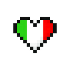 Pixel art Italy flag in the shape of a heart. Vector illustration.