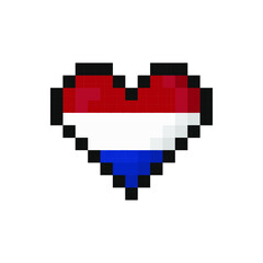 Pixel art Netherland flag in the shape of a heart. Vector illustration.