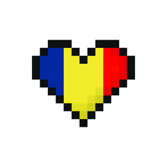 Obraz premium Pixel art Romania flag in the shape of a heart. Vector illustration.