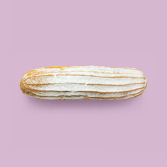 Eclair with powdered sugar on a pink background. Seamless pattern