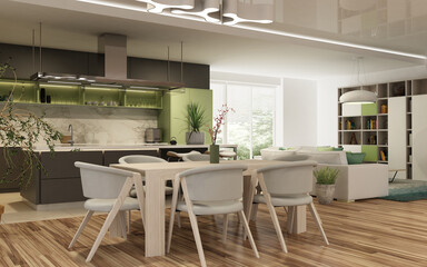 Modern interior of kitchen with living room. 3d render