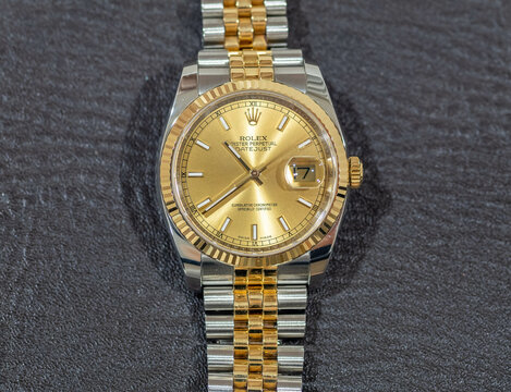 Rolex datejust, gold dial and two tone gold strap, most famous model of Rolex watch was taken in Bangkok, Thailan, on July 17, 2022.