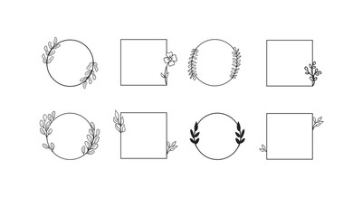 Frames with botanical doodle decoration. Leaf branches simple and elegant circles and squares. Romantic floral design. Vector illustration.