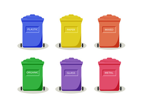 A set of colored garbage cans, a container for sorting waste, zero waste recycling, vector illustration.