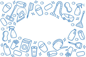 Doodle style vector cleaning elements. A set of drawings of cleaning products and items. Room washing kit.
