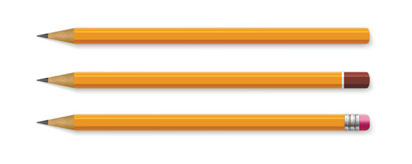 Yellow wooden pencils with rubber eraser. Realistic pencil mockup.