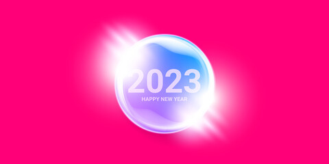2023 Happy new year horizontal banner background and 2023 greeting card with text. vector 2023 new year sticker, label, icon, logo and badge isolated on stylish pink background