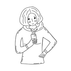 Girl with a short haircut looks at the phone and smiles. Dressed in a hoodie. People and technology. Black and white vector isolated illustration hand drawn contour