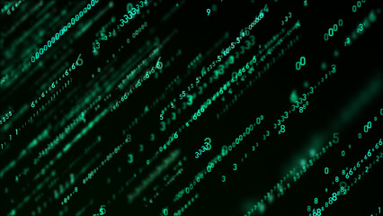 Technology binary code. Random falling digits on screen. Hacked software. Matrix sciense background. Big data analytics. 3D rendering.