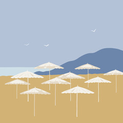 Vector Illustration Sea, Sand, Beach, Umbrellas, Vacation