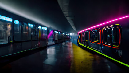 Obraz premium Modern neon background. Underground modern metro, night metro. Reflection of neon light. Wet asphalt. 3D illustration.
