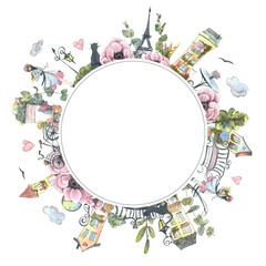 Round frame with Parisian streets, Eiffel tower, flowers and greenery. Watercolor illustration in sketch style, with graphic elements from a large set of PARIS. For decoration and design.