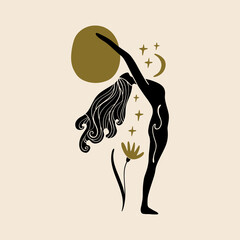 Divine goddess vector clipart illustration. Boho sacred magic woman. Mystical symbol flat holistic art. Healing meditation Reiki concept. New Age concept modern abstract silhouette. - obrazy, fototapety, plakaty