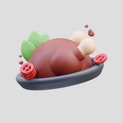 3d rendering of grilled whole chicken food cute icon illustration