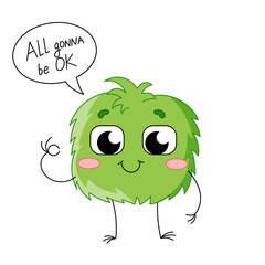 Cute little monster say ok. Funny alien vector illustration for kids, halloween, design baby products.